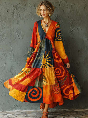 Women's Hippie Style Sun Spiral Print Color-blocked Long Dress