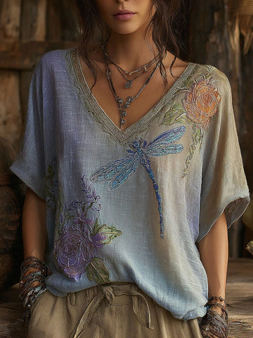 Women's Vintage Rose And Dragonfly Pattern Linen Blend Casual V-neck T-shirt