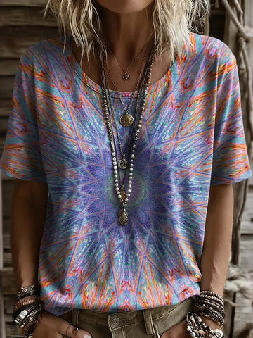 Women's Retro Geometric Print Casual Short Sleeve T-shirt