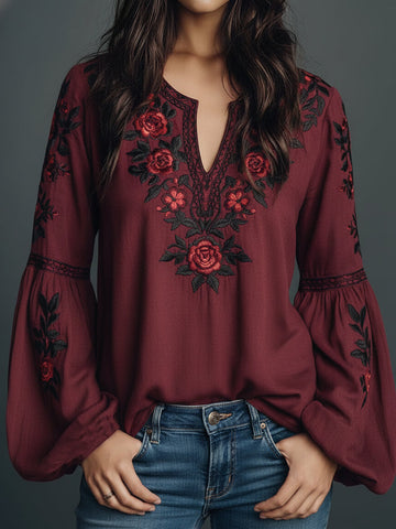 Women's Floral Art Print Linen Tops