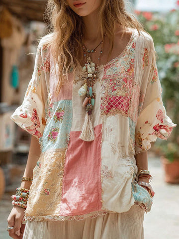 Women's Bohemian Floral Patchwork Crew Neck T-shirt