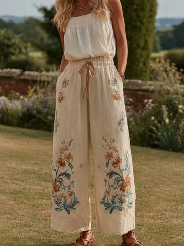 Women's Retro Bohemian Floral Patchwork Linen Trousers