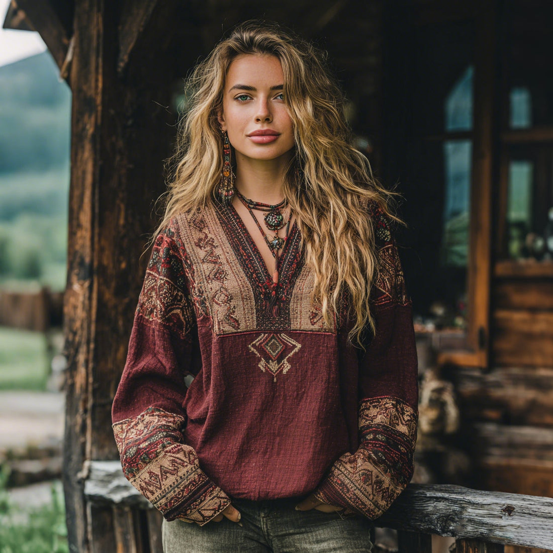 Women's Vacation Boho Tribal Ethnic Print V-neck Linen Blend Tops