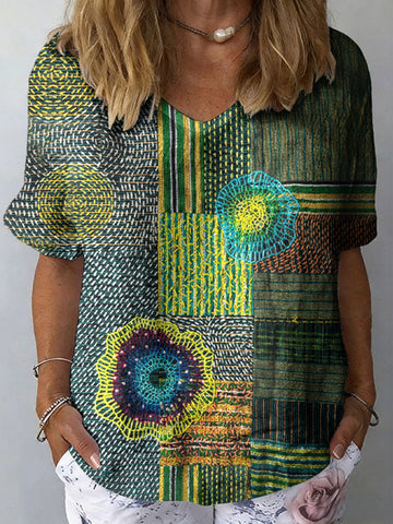 Women's Vintage Patchwork Art Print Flowy Linen Blend Casual T Shirt