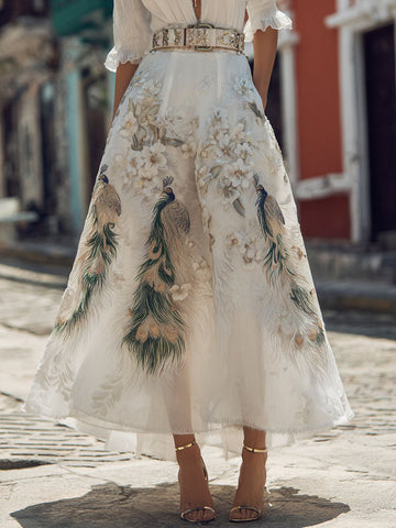 Women's Retro Floral With Peacock Art Linen Blend Casual Maxi Skirt