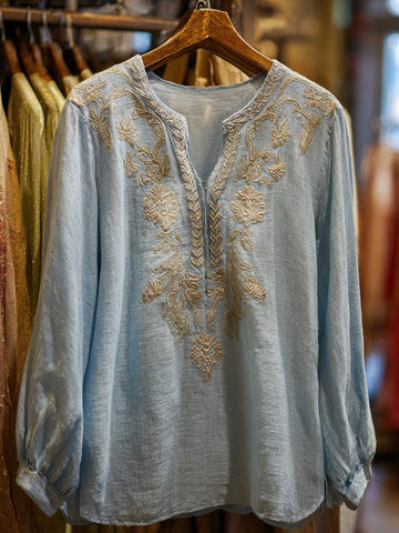 Women's Ethnic Floral Embroidered Casual Linen Shirt