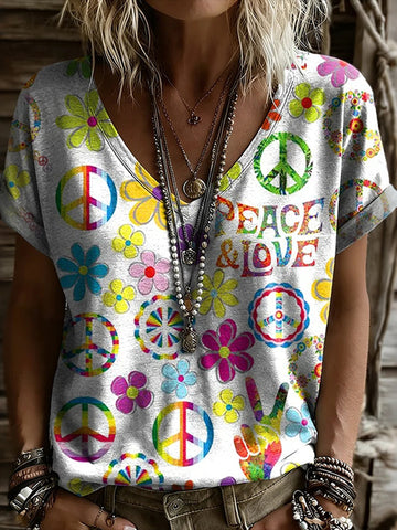 Women's Hippie Peace Print Short Sleeve T-shirt
