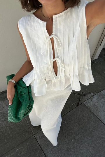 Cotton and Linen Sleeveless Tie-Strap Shirt Long Dress Set