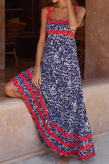 Polka Dot Print Lace Stitching Wave Suspender Maxi Dress