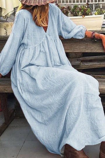 Women's Cotton Linen V-neck Split Joint Princess Dresses