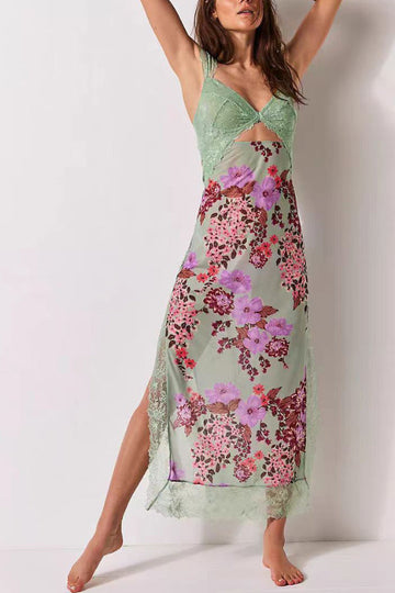 Green Lace Backless Slit Printed Long Dress