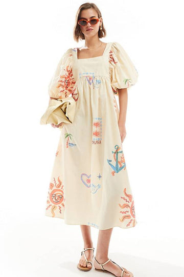 Puff Sleeve Mini Smock Dress With Pockets