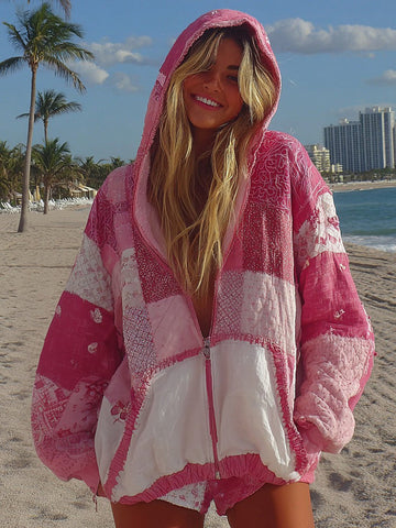 Women's Pink Geometric Pattern Casual Zip-up Hooded Sweatshirt