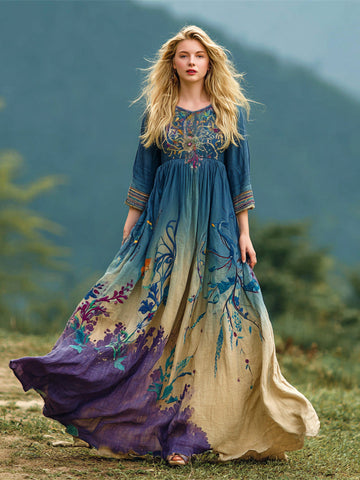 Boho Vintage Ethnic Floral Gradient Art Women's Linen Flowy Maxi Dress