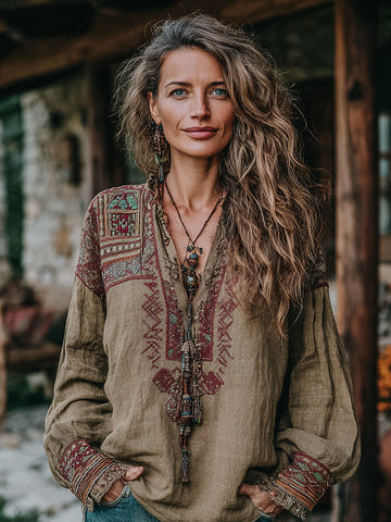 Women's Vintage Vacation Boho Tribal Ethnic Print V-neck Linen Blend Tops