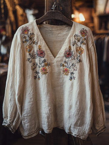 Women's Vintage Bohemian Embroidered Casual Linen Top