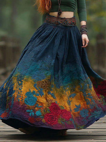 Women's Retro Boho Floral Embroidery Gradient Art Linen Blend Casual Midi Skirt
