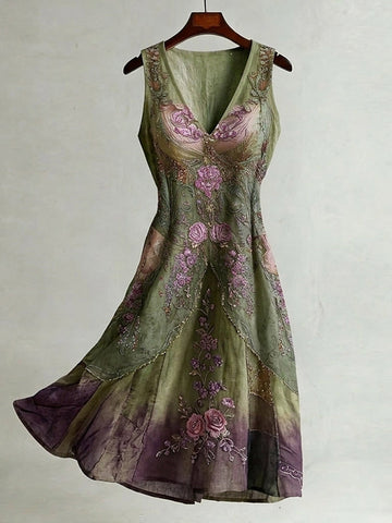 Women's Retro Purple Rose Floral Pattern Casual Sleeveless Dress