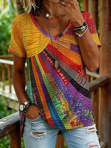 Women's Colorful Sun Collage Art Print Short Sleeve  V Neck Tshirt
