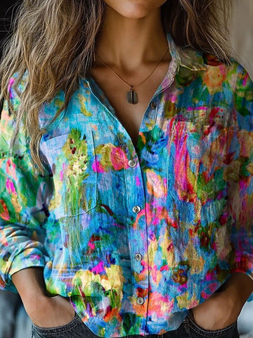 Women's Watercolor Colorful Flowers Pattern Long Sleeve Cozy Cotton Shirt