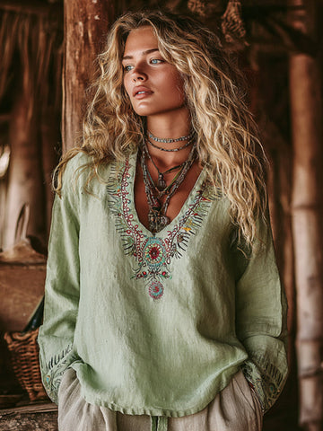 Women's Vintage Vacation Boho Tribal Ethnic Print V-neck Linen Blend Tops