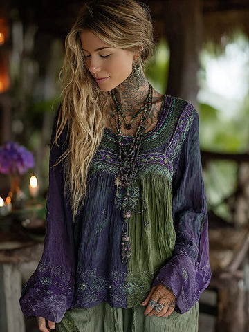 Women's Boho Tribal Ethnic Print Round-neck Linen Blend Tops