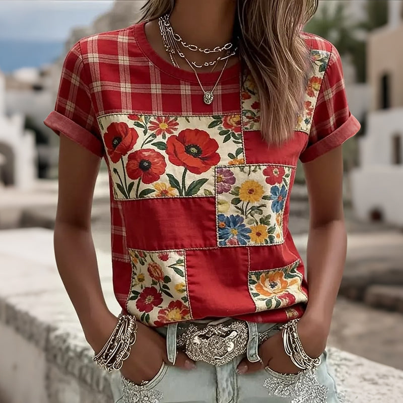Women's Retro Plaid With Floral Patchwork Art Print Casual Short-sleeve V-neck T-shirt