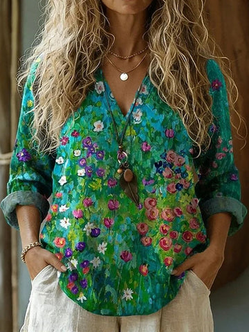 Women's Vintage Floral Art Pattern Linen Blend V-neck T-shirt