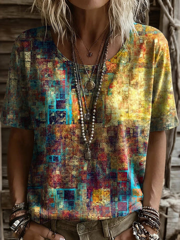 Women's Retro Abstract Geometric Art Print Crew Neck Short Sleeve T-shirt