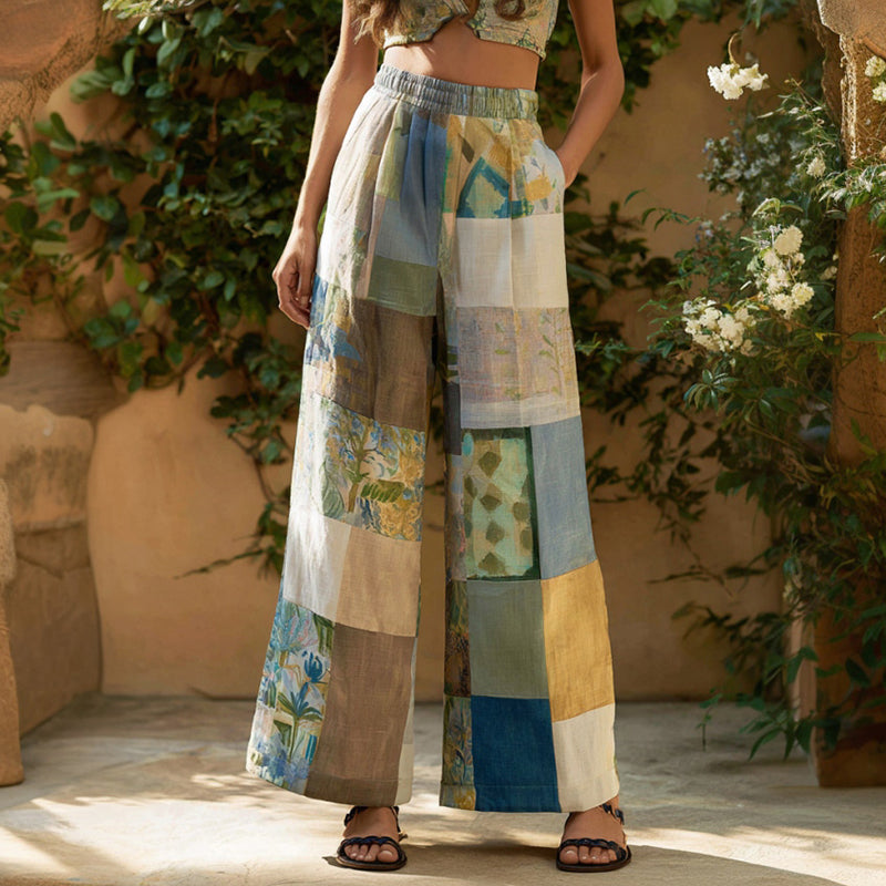 Women's Retro Bohemian Floral Patchwork Linen Trousers