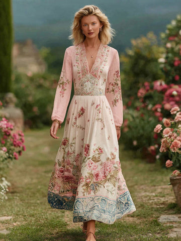 Women's Retro Bohemian Art Floral V-neck Long-sleeved Dress.