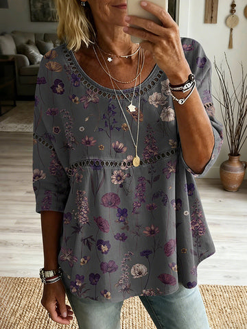 Women's Floral Art Print Flowy Linen Blend Casual Tops