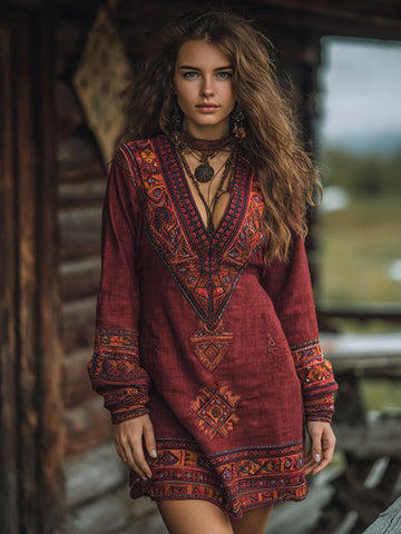 Women's Vintage Boho Tribal Ethnic Print V-neck Linen Blend Long Sleeve Dress