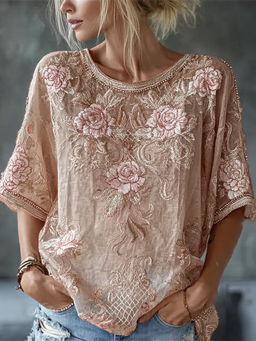 Women's Vintage Floral Embroidered Art Flowy Linen Blend Short Sleeve Casual Tops