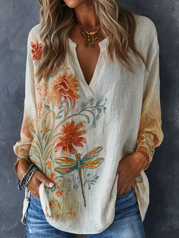 Vintage Dragonfly And Floral  Pattern Linen Long Sleeve Shirts