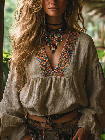 Women's Vacation Boho Tribal Print V-neck Linen Blend T-shirt