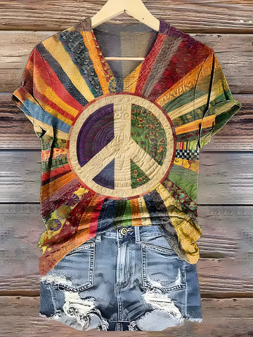 Women's Hippie Rainbow Peace Tie-dye Pattern Casual T-shirt