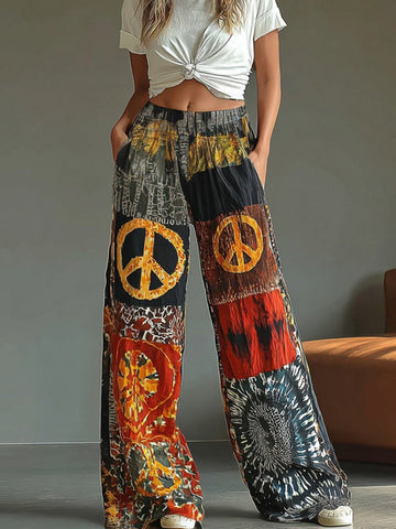 Women's Hippie Tie-dye Peace Logo Print Casual Pants