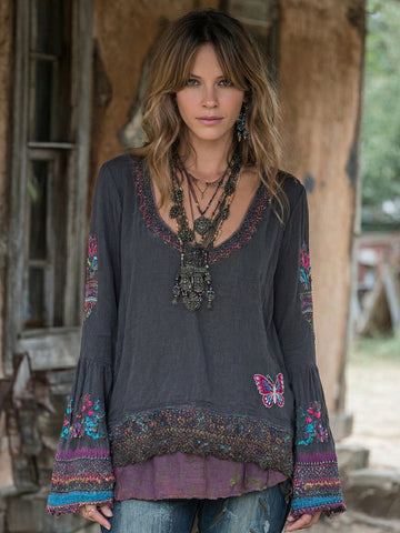 Women's Vintage Floral Lace Embroidered Art Linen T-shirt
