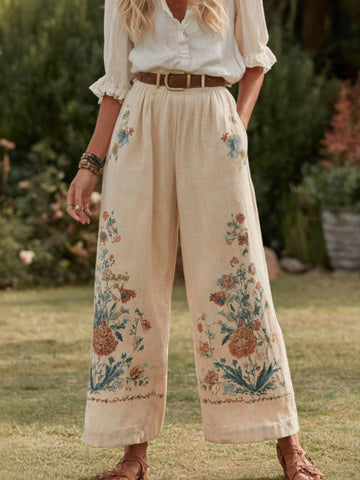 Women's Retro Bohemian Floral Patchwork Linen Trousers