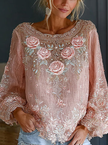 Women's Romantic Floral Embroidered Art Print Flowy Linen Blend Casual Tops