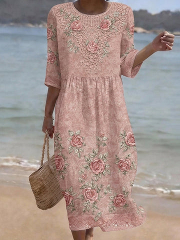 Vintage Floral Art Pattern Linen Blend Loose Three-quarter Sleeve Dress