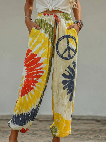 Women's Hippie Style Tie-dye Peace Symbol Print Casual Trousers