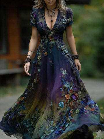 Vintage Classy Gradient Purple Floral Embroidered V Neck Maxi Dress