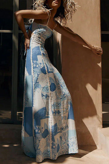 Unique Lace Patchwork Printed Back Tie Halter Neck Flared Maxi Dress