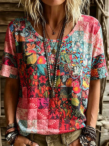 Women's Retro Floral Patchwork Art Print Casual Short-sleeve V-neck T-shirt