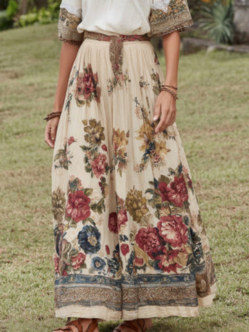 Women's Vintage Floral Linen Midi Skirt