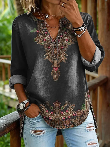 Women's Ethnic Art Print V Neck Blouse