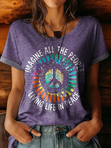 Hippie Imagining Everyone Living In Peace: Printed Crew Neck Cotton T-shirt
