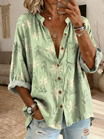 Ethnic Bohemia Flowers Light Green Women's Vintage Art Print Casual Cotton And Linen Shirt